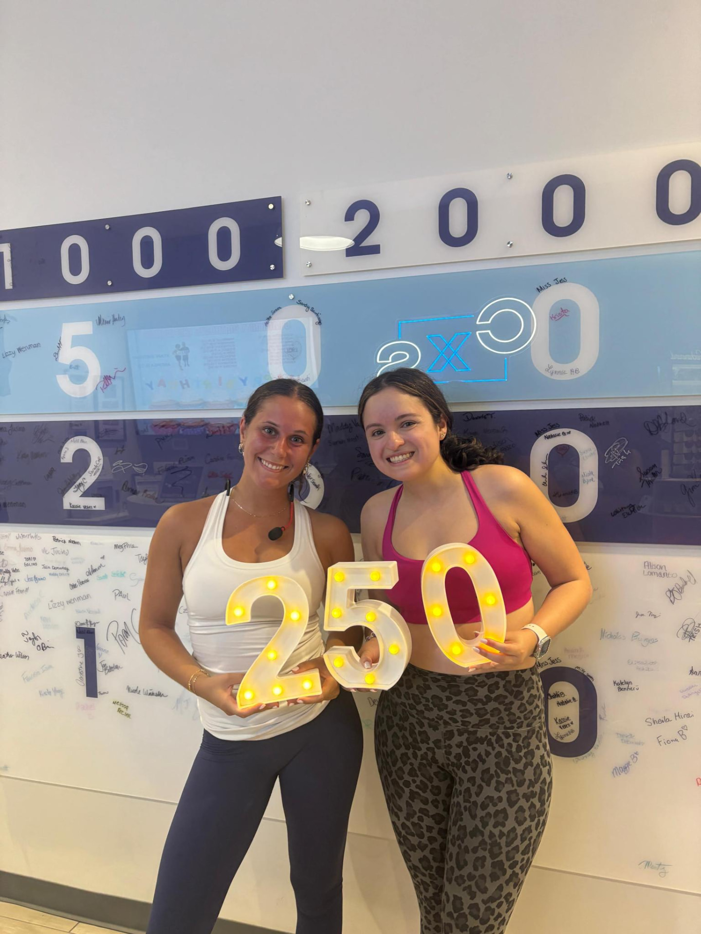 Two members holding a lit 250 in front of the studio milestone wall